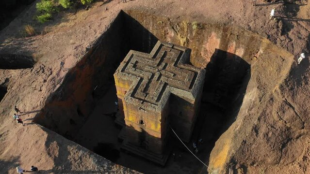 Aerial view of monolithic rock-cut church of bete giyorgis Lalibela Ethiopia