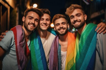 rainbow, pride and portrait of gay men on a night out in the city with friends