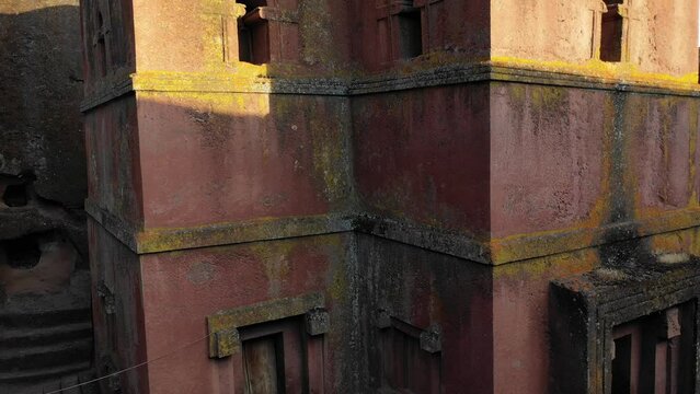 Aerial view of monolithic rock-cut church of bete giyorgis Lalibela Ethiopia