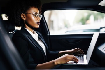 shot of a young businesswoman using her laptop while sitting in the back seat of a chauffeur driven car