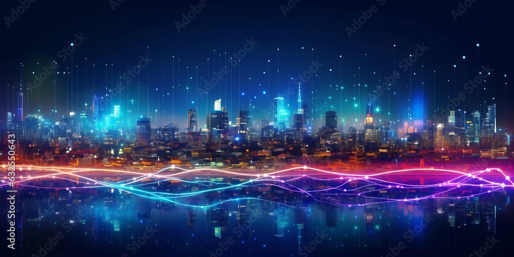 Aufkleber Generative AI : Network and Connection technology night city background at business center bangkok thailand Wireless skyline connection with energy light infographic