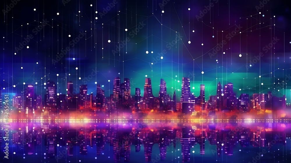 Aufkleber Generative AI : Network and Connection technology night city background at business center bangkok thailand Wireless skyline connection with energy light infographic 5G connection concept