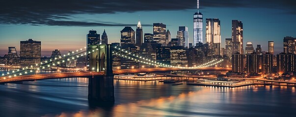 Generative AI : Panorama of beautiful sence of New York city with Brooklyn bridge and lower Manhattan in dusk evening Downtown of lower Manhattan of New York city and Smooth Hudson river at night - obrazy, fototapety, plakaty