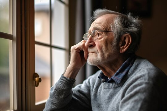 Generative AI : Asian elderly senior male or depressed grandpa at nursing home living room on quarantine looking out window feeling sad missing unhappy thoughtful in mental health care in older people