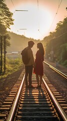 Generative AI : Young couple asian woman and caucasian man traveler are looking the map with train station background Travel in summer concept
