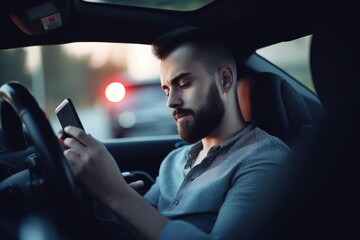 shot of a man using his smartphone while sitting in the front seat of a car
