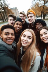 shot of a group of university students taking selfies together on campus
