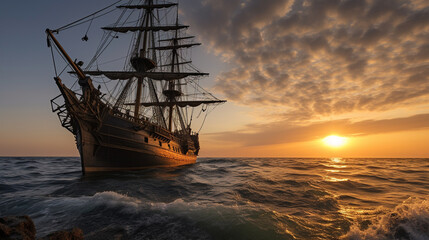 Obraz premium ilustatration of sailing vessel ship in the sea by sunset. Created with Generative AI