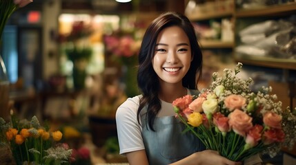 Generative AI : Asia people young woman SME owner happy smile arms crossed look camera enjoy open flower shop work at home office workspace Loan money banking for online store seller Girl power pride 