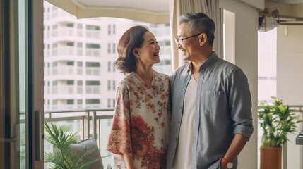 Generative AI : Header of candid of attractive senior asian couple talking together at home in retirement lifestyle of older concept with copy space Mature asian guy looking to eyes of wife and smile 