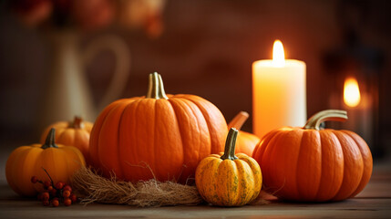 Intimate evening gathering with pumpkins and candles as the focal point, Fall home decoration, pumpkins, candles, natural light, affinity, bright background Generative AI