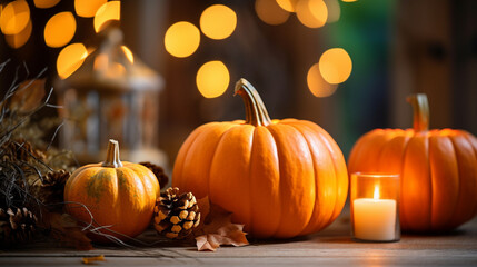 Warm and inviting ambiance created by pumpkins and candlelight, Fall home decoration, pumpkins, candles, natural light, affinity, bright background Generative AI