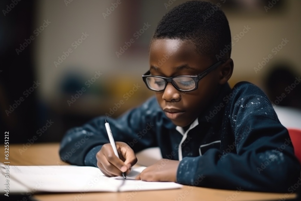 Sticker education, back and learning with a black boy doing homework in class at school while on break