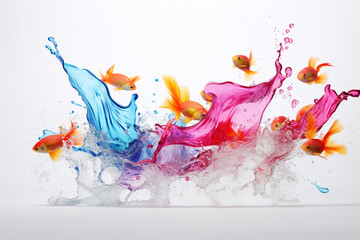 illustration of goldfish on background of colorful splashes. Created with Generative AI