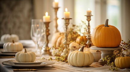 Fototapeta na wymiar Vintage-inspired table setting featuring antique pumpkins and vintage candles, Fall home decoration, pumpkins, candles, natural light, affinity, bright background Generative AI