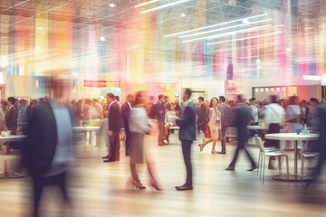 Generative AI : Abstract blurred defocused tradeshow event exhibition business convention show job fair technology expo Organization company trade fair event Marketing advertisement concept - obrazy, fototapety, plakaty