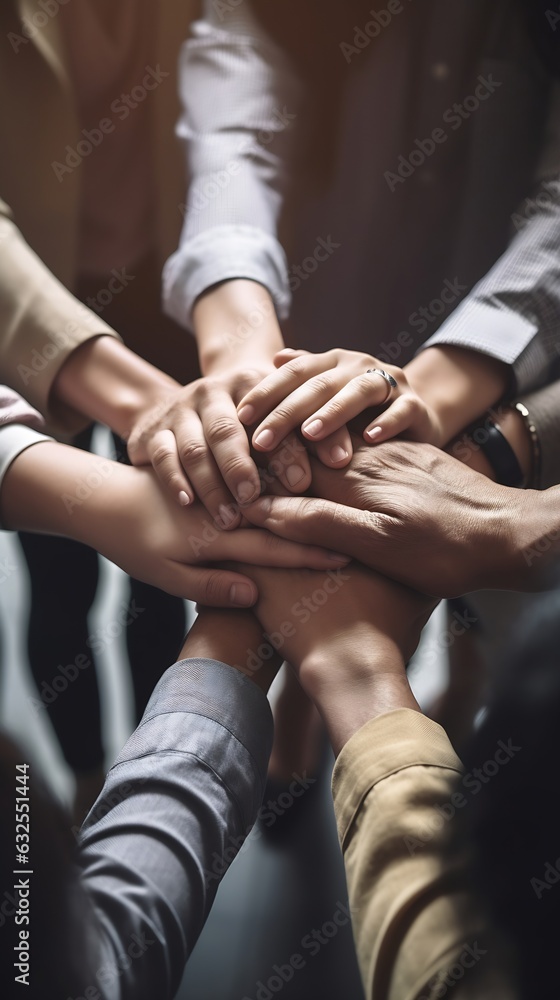 Poster generative ai : multiethnic young team stack hands together as unity and teamwork in modern office d