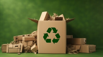 Generative AI : Net zero waste go green SME use eco friendly care sign plastic free symbol packaging carton box wrap paper in small shop retail store Chva dried water hyacinth on desk reuse packing pa - obrazy, fototapety, plakaty