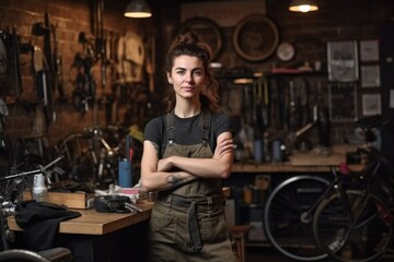 Fototapeta na wymiar full length portrait of an attractive young woman working in her bicycle repair shop