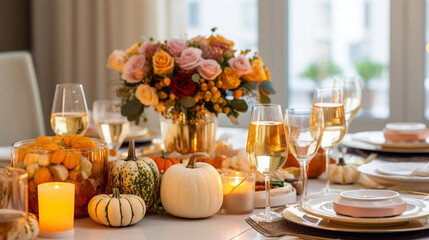 Formal autumn dinner party showcasing pumpkins and elegant taper candles, Fall home decoration, pumpkins, candles, natural light, affinity, bright background Generative AI