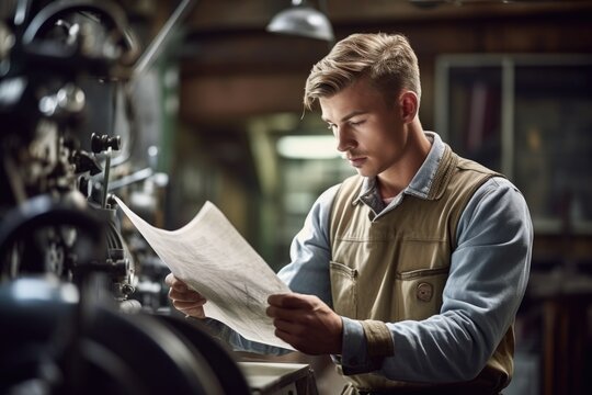 shot of a young man looking at repair notes while working in his shop