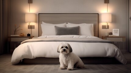 Generative AI : Little dog on the bed at bedroom in morning with copyspace on left Tiny pet concept