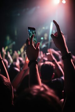 hands, phone and man in a concert, dark or mosh pit streaming music on social media app