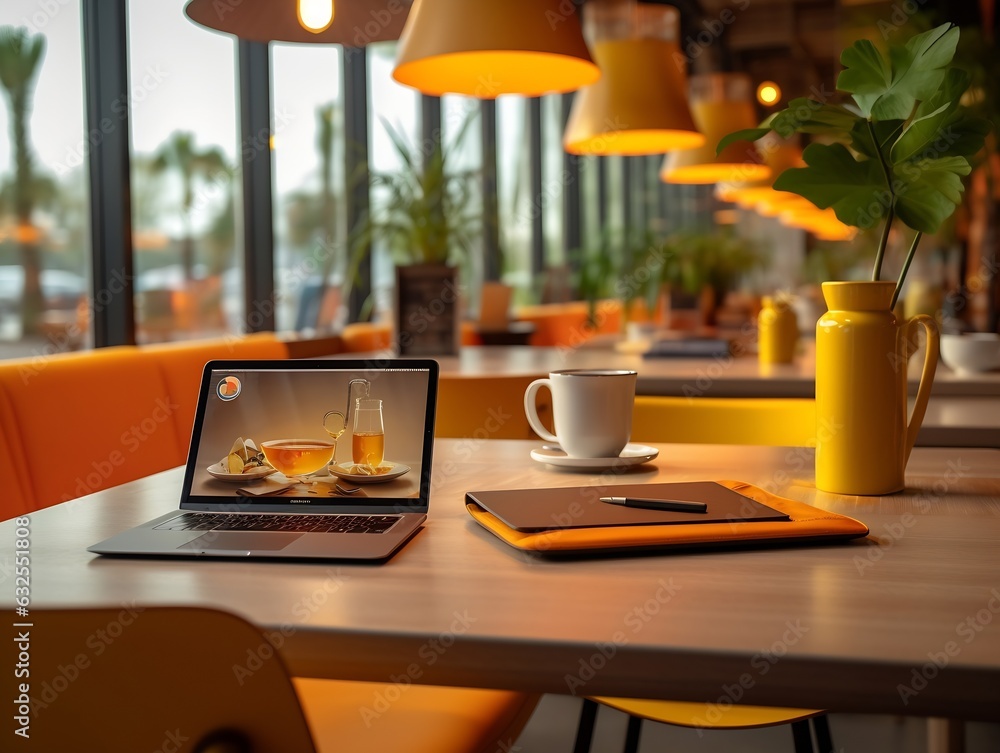Poster generative ai : laptop and smartphone on counter bar coffee shop cafe with yellow tungsten light in 