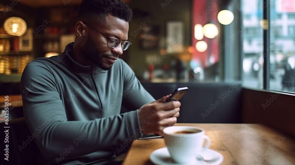 Poster Generative AI : Man using smartphone with laptop in coffee cafe shop