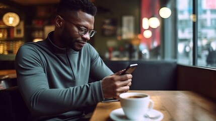 Generative AI : Man using smartphone with laptop in coffee cafe shop