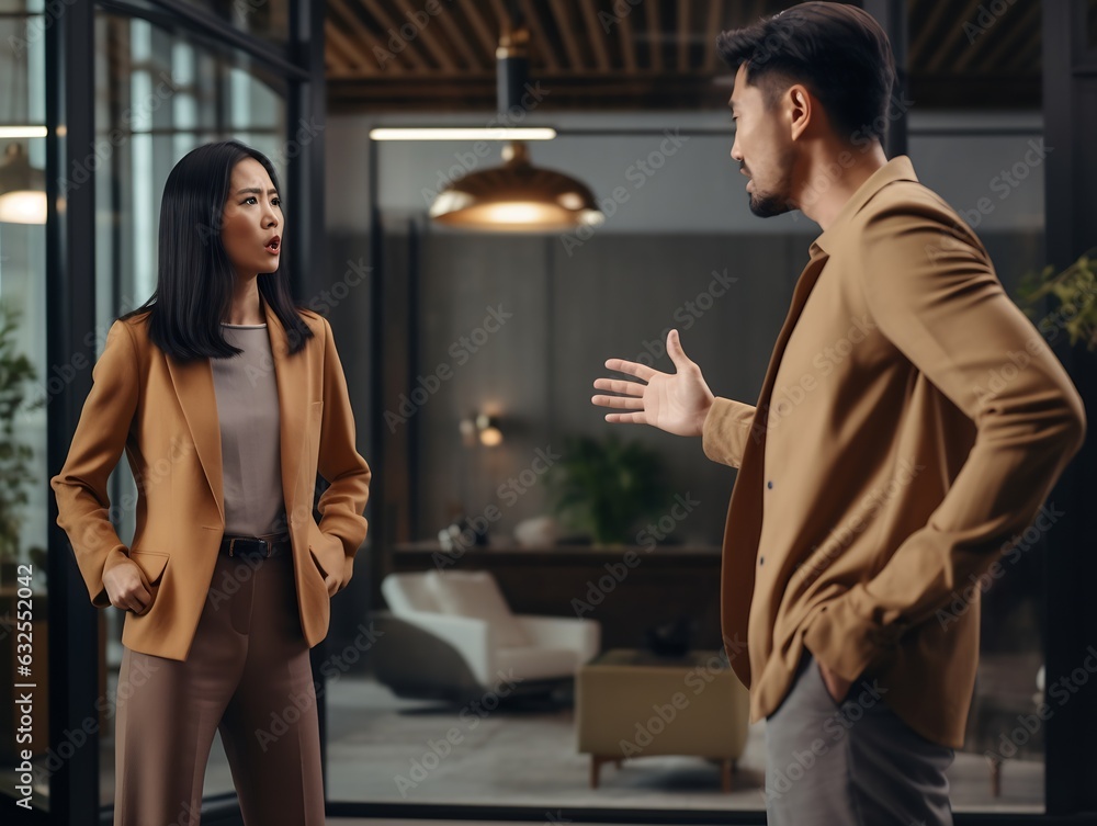 Aufkleber Generative AI : Indian happy colleagues talking while standing on top floor in modern creative office with feeling happy Asian couple chatting talking and discussion about work when coffee break time 