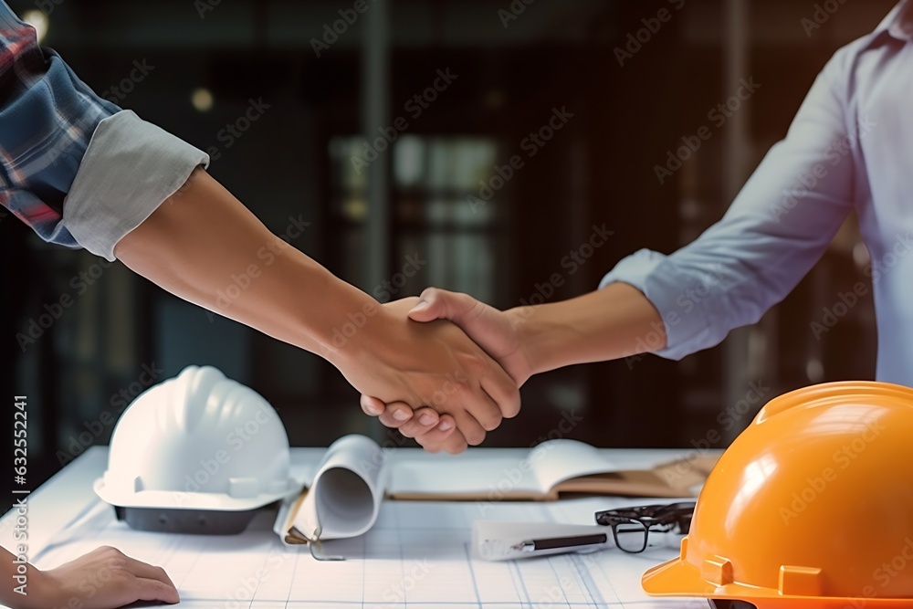 Poster generative ai : architect engineer shaking hands other hand he is holding a helmet at construction s
