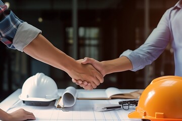Generative AI : Architect engineer shaking hands other hand he is holding a helmet at construction site against clear sky With blueprint on table business teamwork cooperation success collaboration co