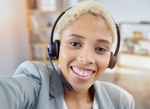 Call center, selfie and business woman in office consulting for crm, contact us or customer support. Happy, face and lady consultant smile for profile picture, blog or lead generation social homepage