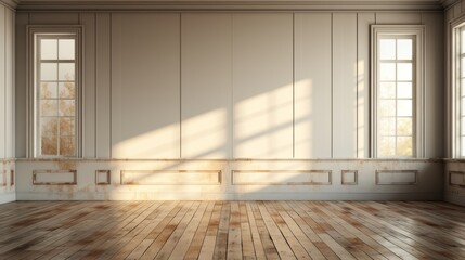 Fototapeta premium small room and plant concept with natural light curtains covered with oak flooring - Generative AI