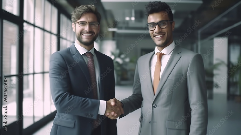 Poster generative ai : young indian businessman and team smile look and give handshake to camera at office 