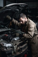 Fototapeta na wymiar mechanic, car engine maintenance and technician with a man fixing the vehicle in a workshop