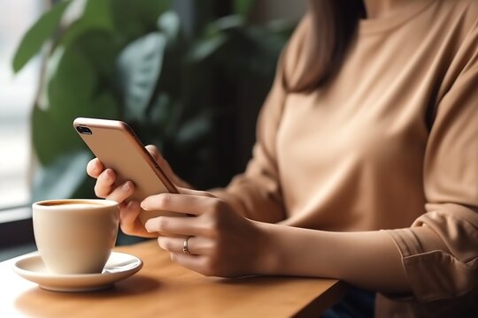 Generative AI : Happy Asian Woman Using Smart Phone And Smilling At Table Office In Home Asian Female Holding Cellphone And Drinking Coffee In Morning For Checking And Looking Email Or Social Media On