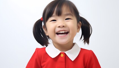 Generative AI : Young little cute asian girl smiling and laughing fun feeling excited lucky and enjoy weeken in white room background with close up headshot view Preschool asia kids or elementary chil - Powered by Adobe