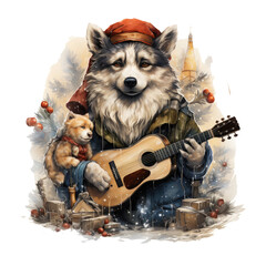 A whimsical Christmas Husky Dog t-shirt design presenting a Husky as the conductor of a festive holiday orchestra, Generative Ai