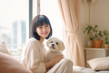 Generative AI : Asia lady girl smile sitting on bed joy fun playing with little cute dog or small pet in good warm happy time humor at cozy home Teen enjoy rest in weekend life balance with baby paw o