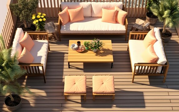 Furnished outdoor terrace with wpc wood plastic composite decking boards. Created with Generative AI technology.