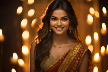 Fototapeta premium Portrait of a Indian ethnic female in the background of Diwali festival
