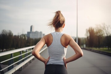rearview shot of a young woman holding her back in pain after a jog