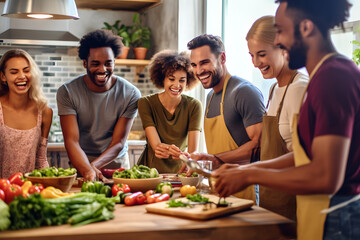 Veganuary: Joyful Group Preparing and Sharing Vegan Meal in Modern Kitchen