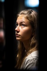 shot of a young woman looking out from behind bars during her court hearing