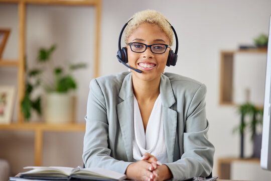 Call center, portrait and business woman in office consulting for crm, contact us or customer support. Smile, face and female lead generation consultant with friendly, virtual and b2b online help
