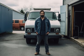 shot of a man standing in front of his van