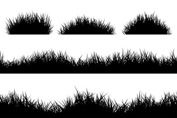 Black silhouette set grass seamless border and bunch Isolated PNG