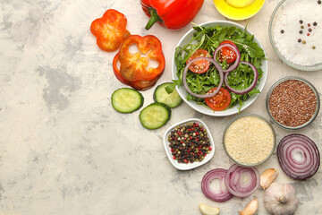 cooking background, home cooking concept. Ripe vegetables, herbs and spices on a light background, top view, copy space.